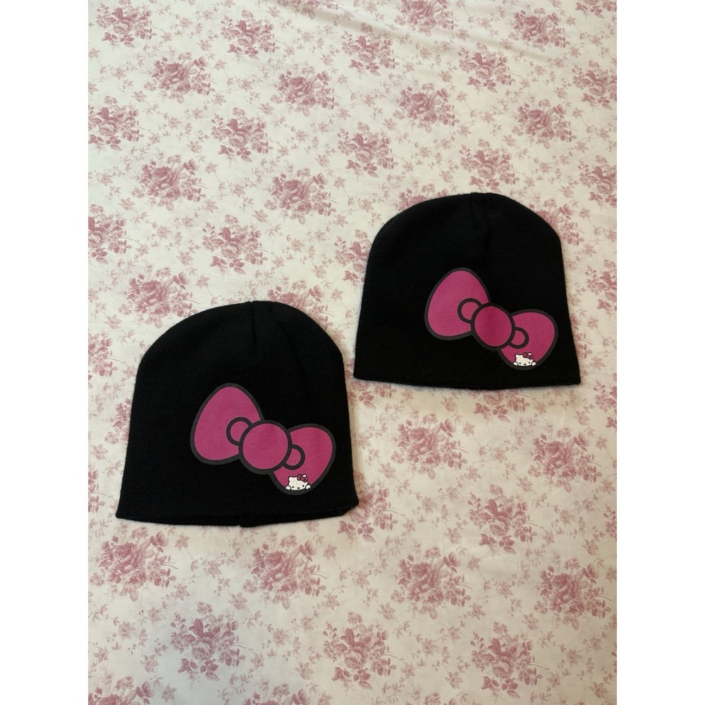 Hello Kitty Black Knit Beanie Hats Pink Bow Set of 2 One Size